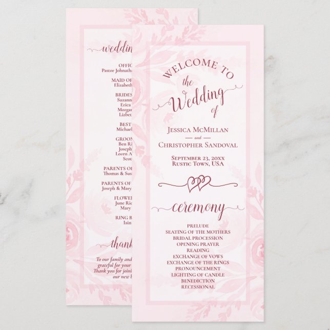 Programa Rosas Pastel Água-forte Peônias Casamento Elegante (Frente/Verso)