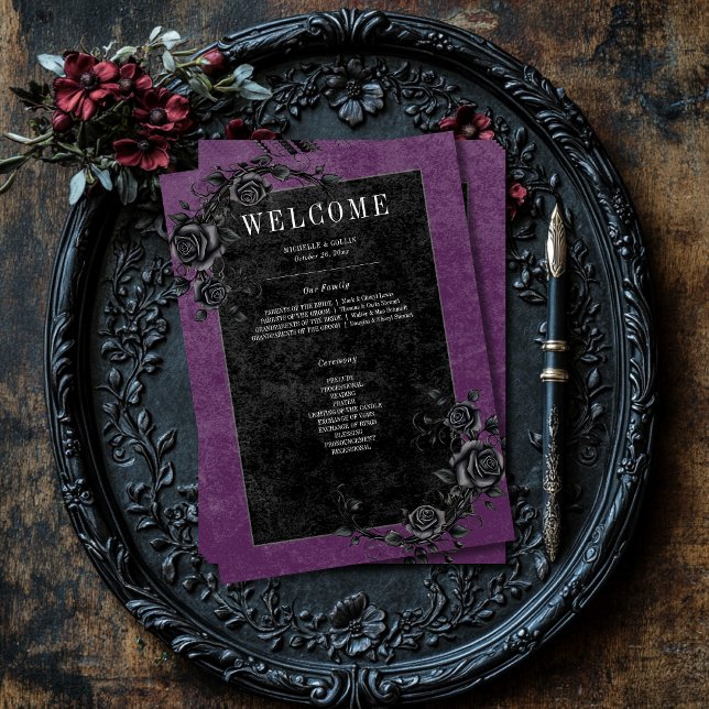 Programa Rosas Pretos Góticos Raven e Negra Casamento Roxo (Gothic Black Raven & Black Roses Purple Wedding Program)
