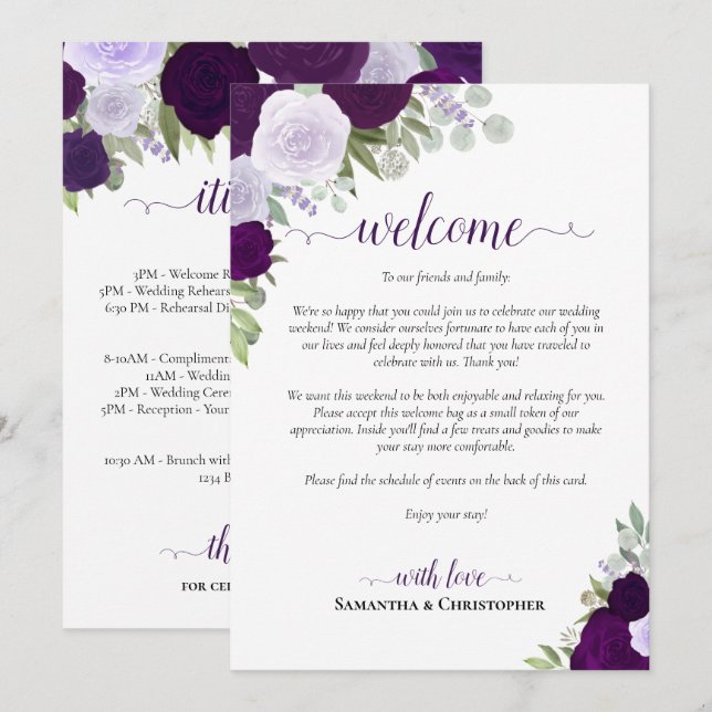 Programa Rosas Roxas Boho Casamento Boas-Vindas e Itinerári (Frente/Verso)