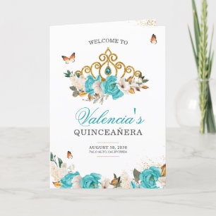 Programa Rosas turquesas Dourados Tiara Borboleta Quinceane