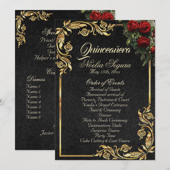 Programa Roses & Gold Leaves - Black Quinceanera Program (Frente/Verso)