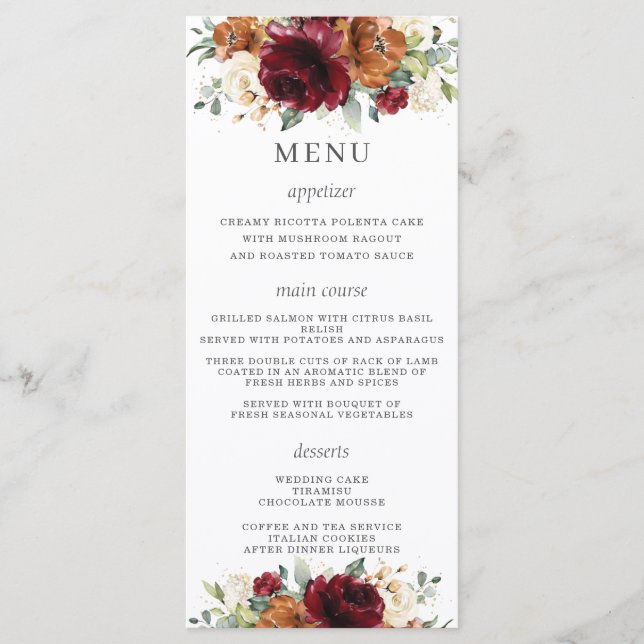 Programa Rust Ivory Burgundy Floral WedMenu (Frente)