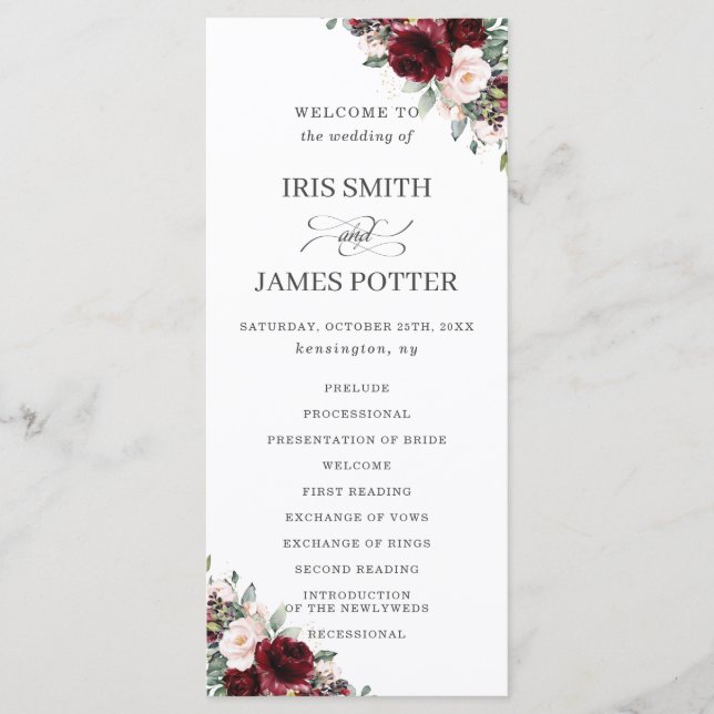 Programa Rustic Blush Burgundy Floral Casamento (Frente)