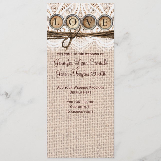 Programa Rustic Burlap Lace Twine LOVE Wedment (Frente)
