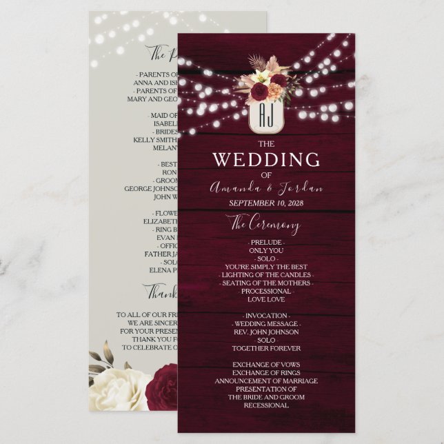 Programa Rustic Flowers Burgundy Casamento (Frente/Verso)