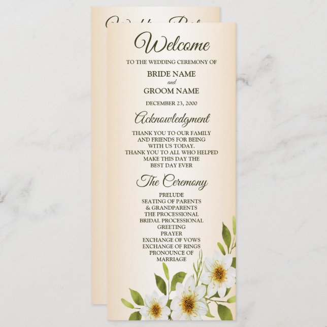 Programa Rustic Golden Frame White Floral Peach Wedding (Frente/Verso)