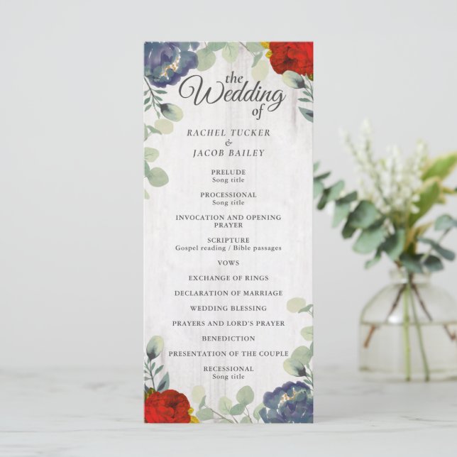 Programa Rustic Greenery Red Blue Floral Casamento (Em pé/Frente)