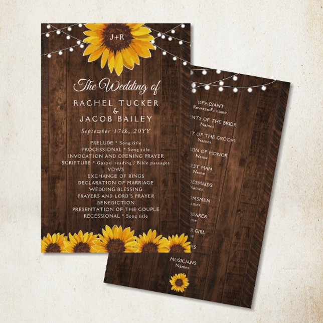Programa Rustic Sunflower String Lights Casamento (Rustic sunflowers and string lights on wood wedding program)