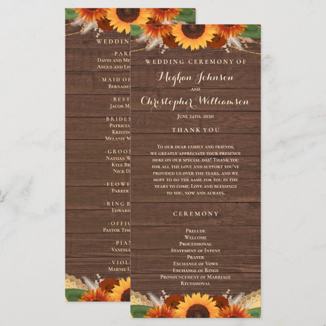 Programa Rustic Sunflower Terracotta Rosa Boho Weding (Frente/Verso)