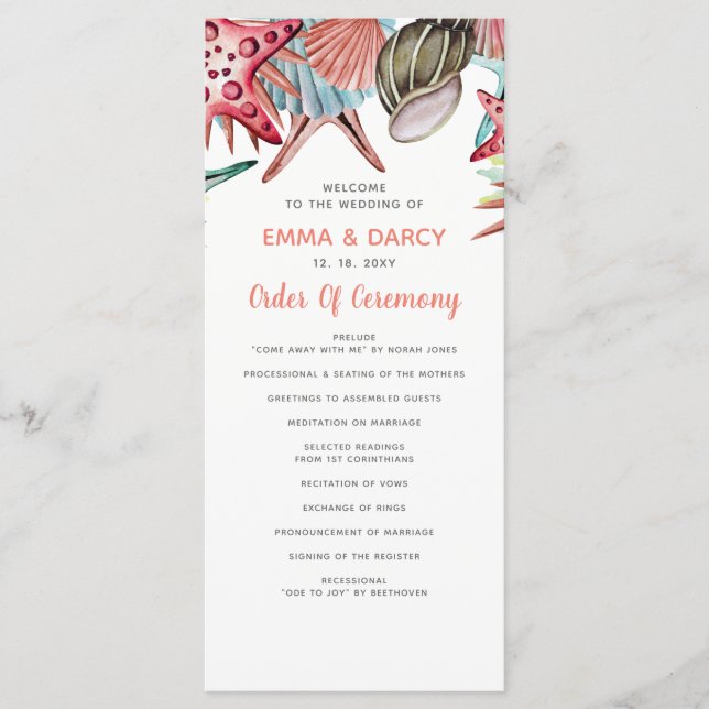 Programa Rustic Watercolor Seashells Starfish Casamento de  (Frente)