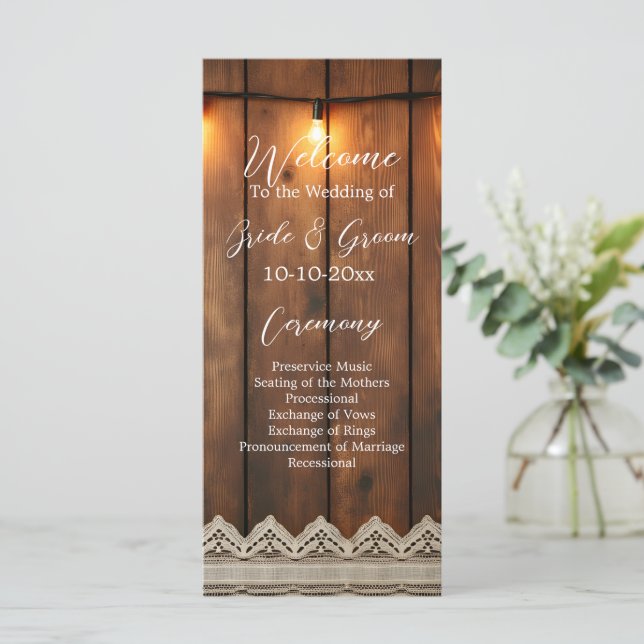 Programa Rustic Wood and Lace Wedding Program (Em pé/Frente)