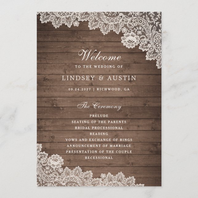 Programa Rustic Wood Floral Lace Weding Program (Frente)