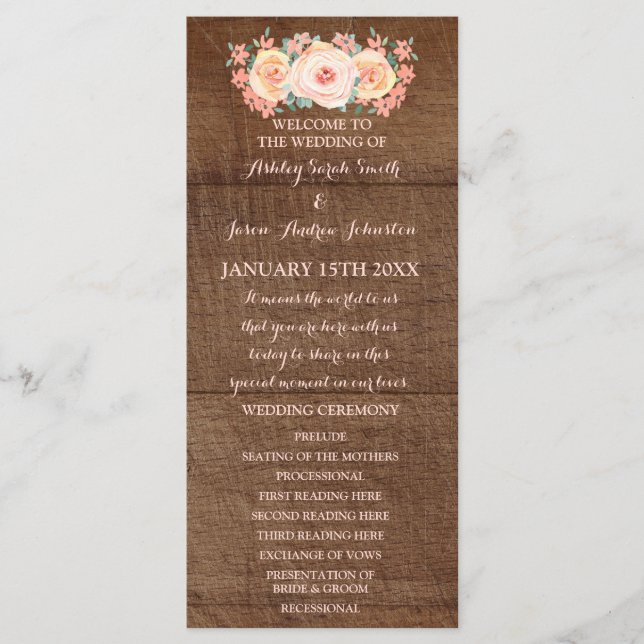 Programa Rustic Wood Peach Floral Weding Program (Frente)