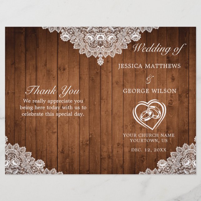 Programa Rustic Wood & White Lace Weding Program (Frente)
