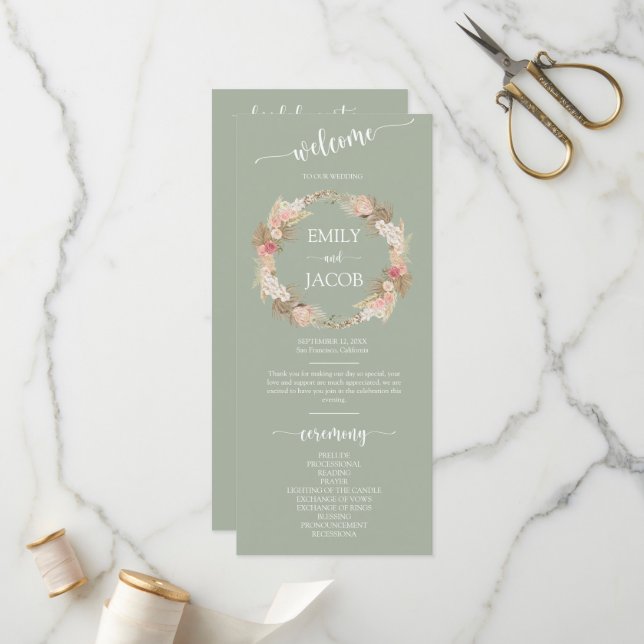 Programa Sage Green Boho Floral Wreath Wedding Flat Program (Frente/Verso In Situ)