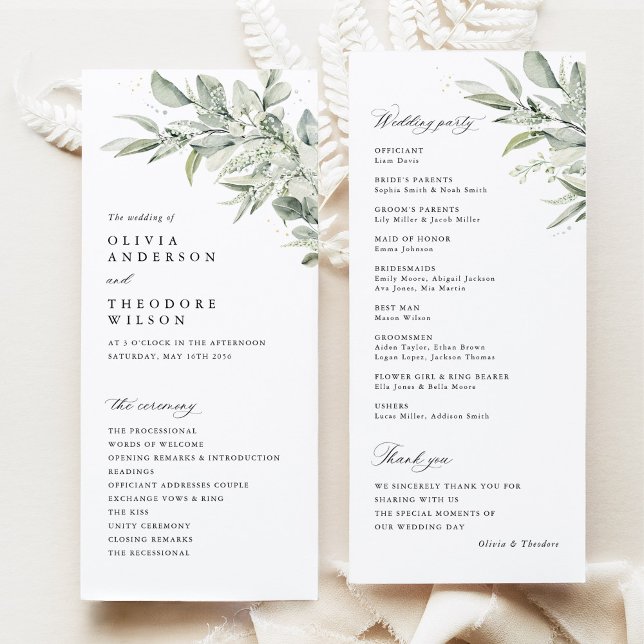 Programa Sage Green Botanical Watercolor Wedding Ceremony (Sage green botanical watercolor wedding program ceremony card, modern classic greenery stationery)