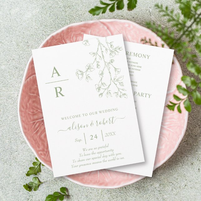 Programa Sage green line art floresce casamento monocromáti (Criador carregado)