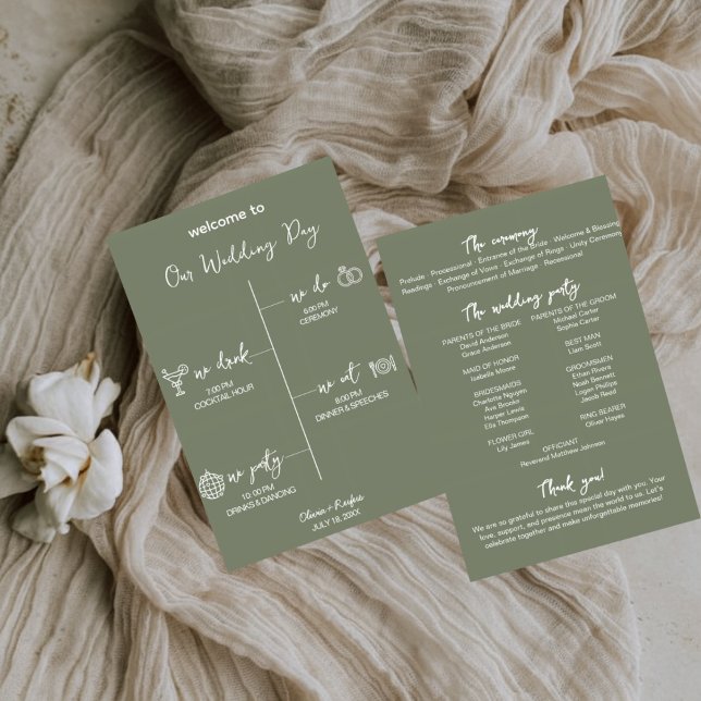 Programa Sage Green Wedding Program Card Editable Template (Criador carregado)