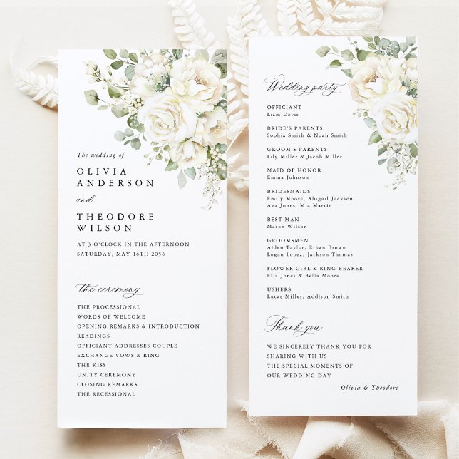 Programa Sage Green White Floral Elegant Wedding Ceremony (Sage green white floral wedding program card, watercolor modern classic order of ceremony stationery)