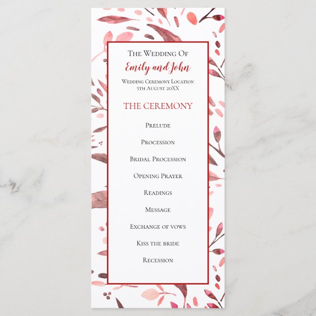 Programa Sangria Red Watercolor Deixa Casamento (Frente)