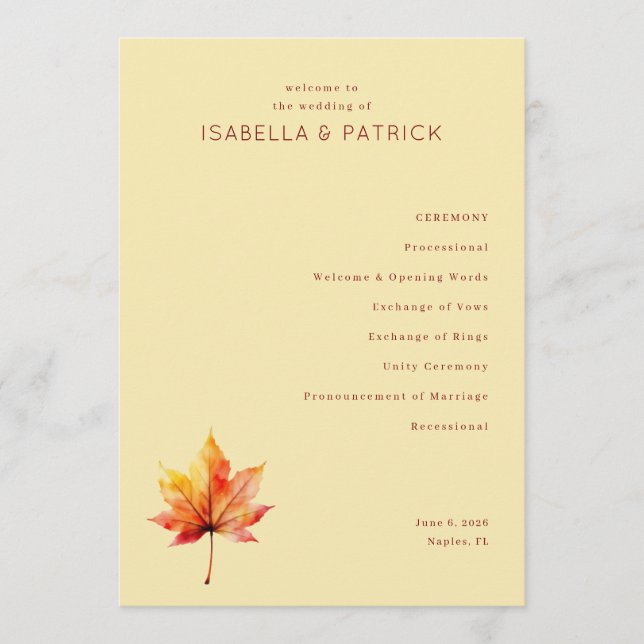 Programa Serene Beige Autumn Leaf Wedding Ceremony (Frente)