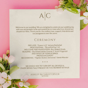 Programa Simples cerimônia de casamento em bronze e monogra