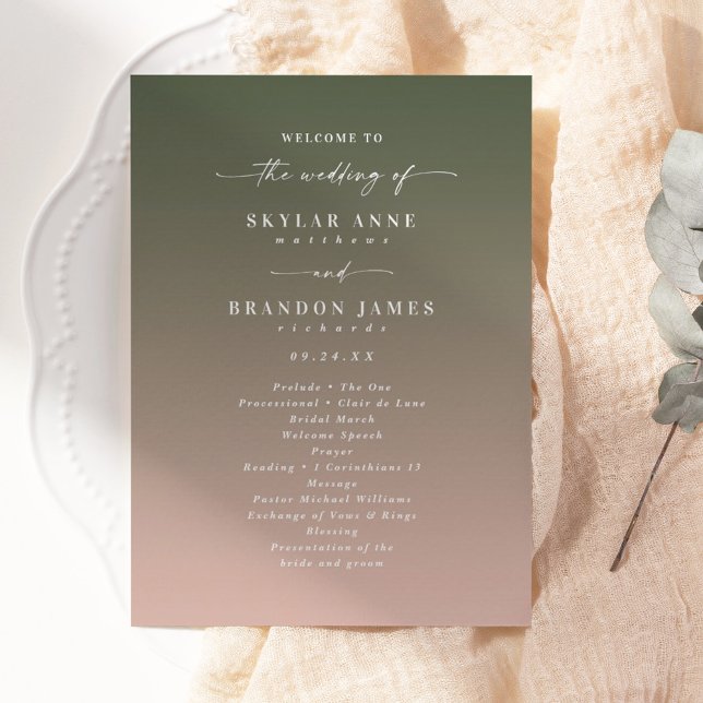 Programa Simples Cerimônia de Casamento Verde e Rosa Escuro (Criador carregado)