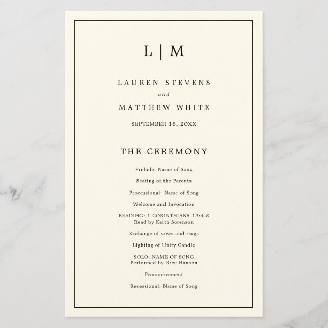 Programa Simples de Casamento Elegante de Monogram (Frente)