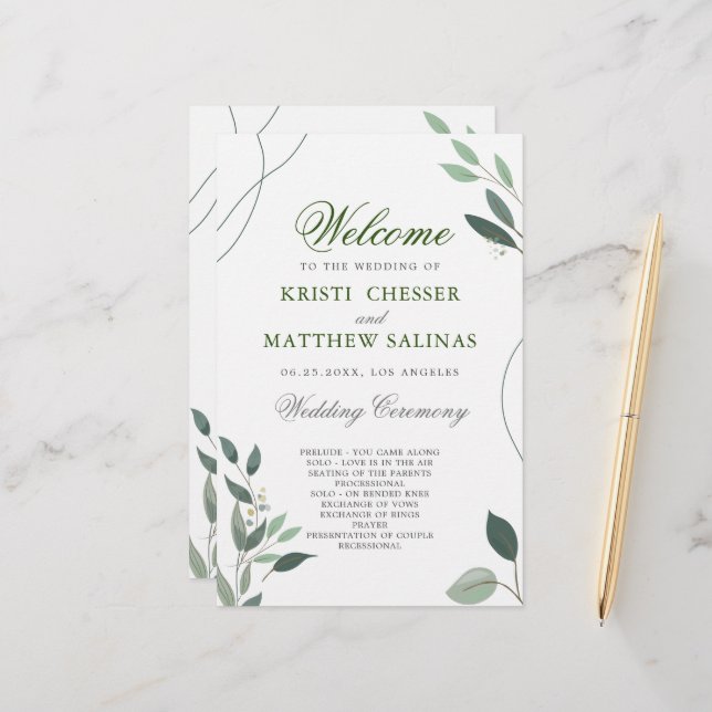 Programa Simples de Casamento Eucalyptus Greenery (Frente/Verso In Situ)