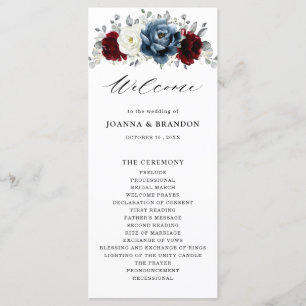 Programa Slate Blue Burgundy White Ivory Floral Casamento
