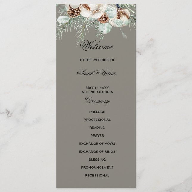 Programa Snowy Greenery floral double side program card  (Frente)
