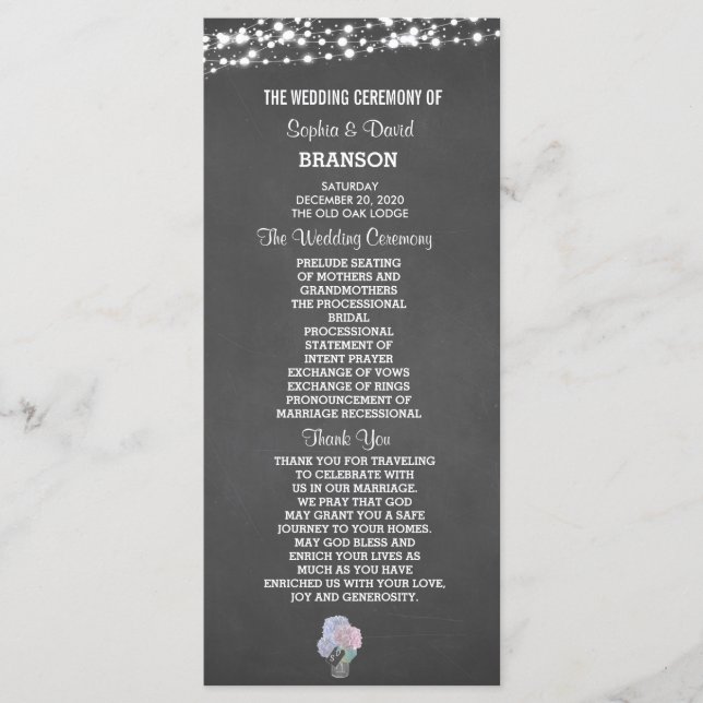 Programa String Lights Mason Jar Chalkboard Wedment Program (Frente)