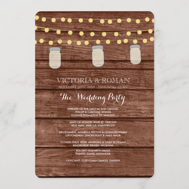 Programa String Lights Mason Jar Wood Wedding Programs (Frente)