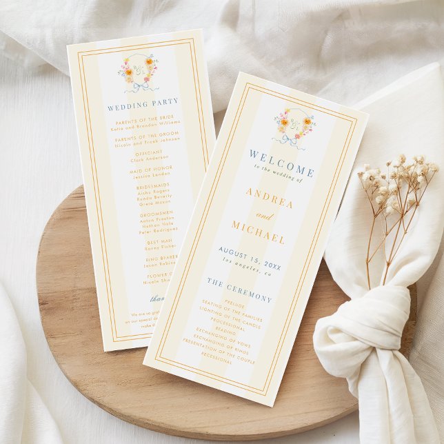 Programa Stripes Floral Crest Monogram & Bow Spring Wedding (Criador carregado)