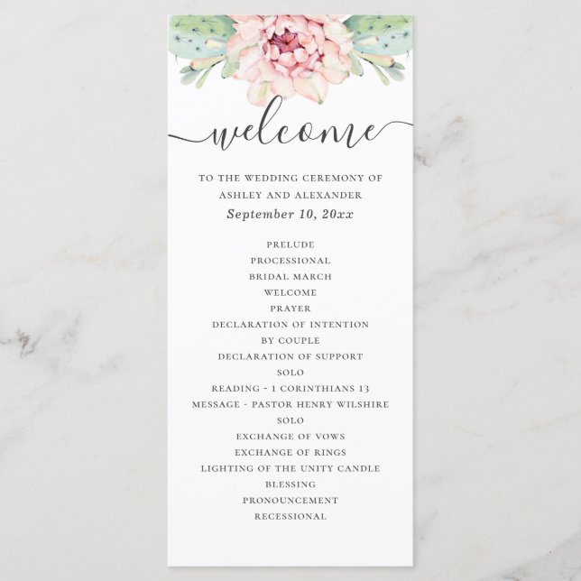 Programa Suculentas de aquarela casamento. Cacto floral ros (Frente)