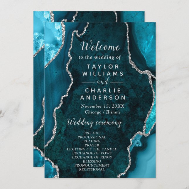 Programa Teal Blue and Silver Agate Wedding Program (Frente/Verso)
