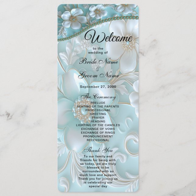 Programa Teal White Floral Wedding Program (Frente)