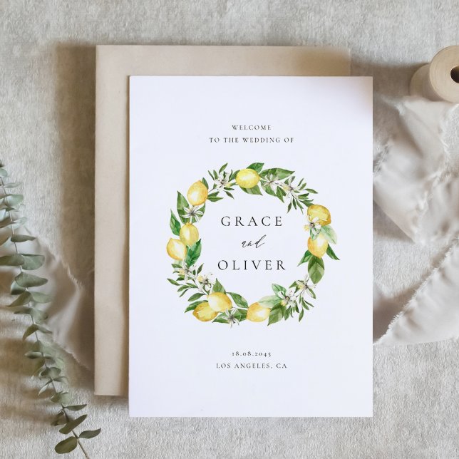Programa Tema de Casamento Verde Botânico com Limões (Customizable Folded Wedding Program with Watercolor Lemons, Blossoms & Greenery Wreath)