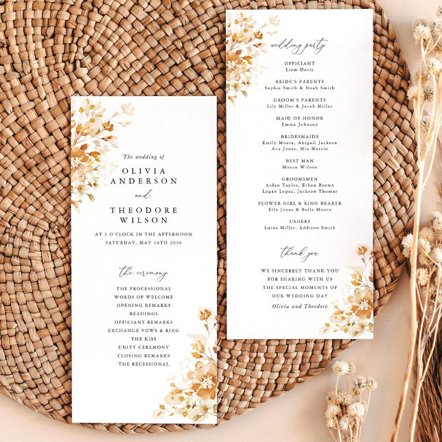 Programa Terracotta Floral Elegant Wedding Ceremony (Terracotta floral wedding program card, elegant ceremony order, burnt orange watercolor stationery)