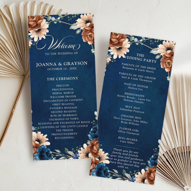 Programa Terracotta Marinho Blue Greenery Casamento Geométr (Terracotta Navy Blue Greenery Geometric Wedding Program card)
