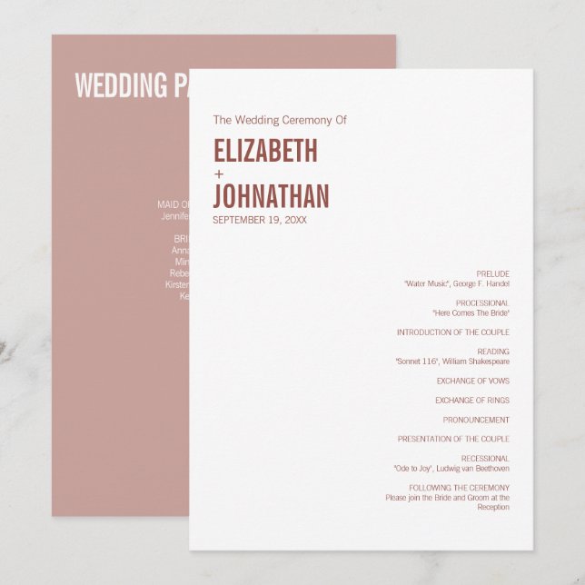 Programa Tipografia de Casamento Simples Boho Dusty Rosa (Frente/Verso)