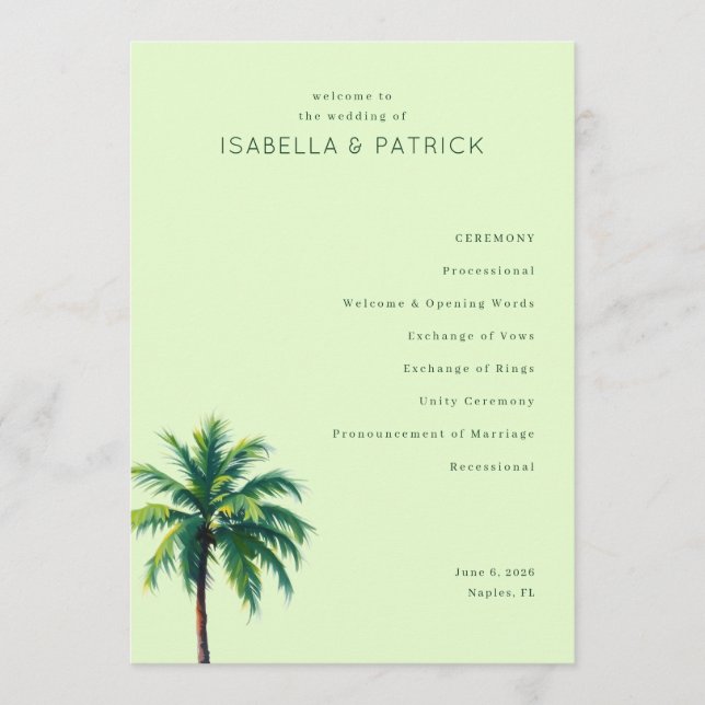 Programa Tranquil Green Palm Tree Wedding Ceremony Schedule (Frente)