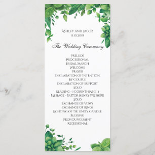 Programa verde do casamento. Cartão da cerimónia