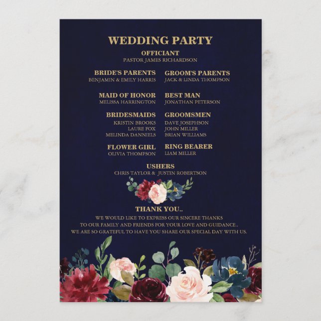 Programa Vermelho Borgonha Naval Floral Rústico Boho Leque  (Frente)