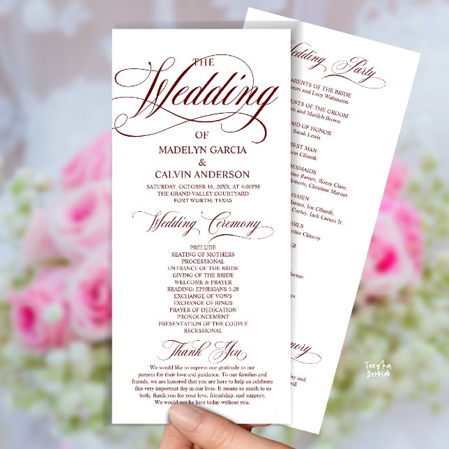 Programa Vinho Tinto Borgonha Moderno Scripto Casamento Com (Modern Script All In One Wedding Program Card in Burgundy Wine Red)