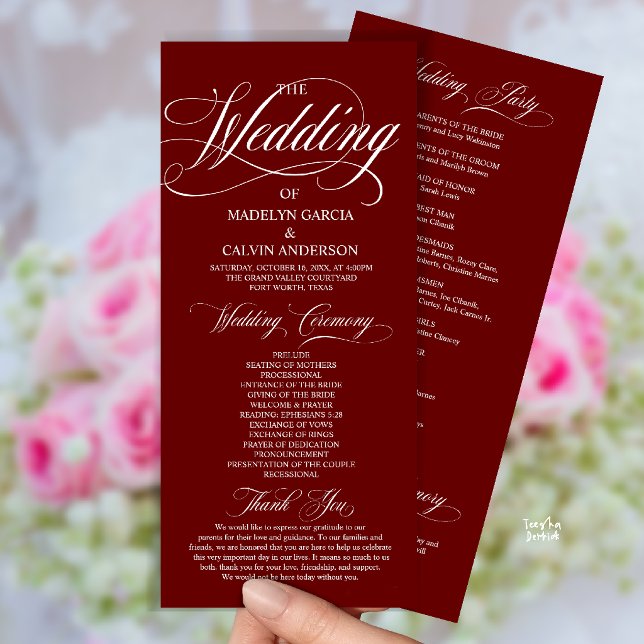 Programa Vinho Tinto Borgonha Moderno Scripto Casamento Com (Modern Script All In One Wedding Program Card in Burgundy Wine Red)