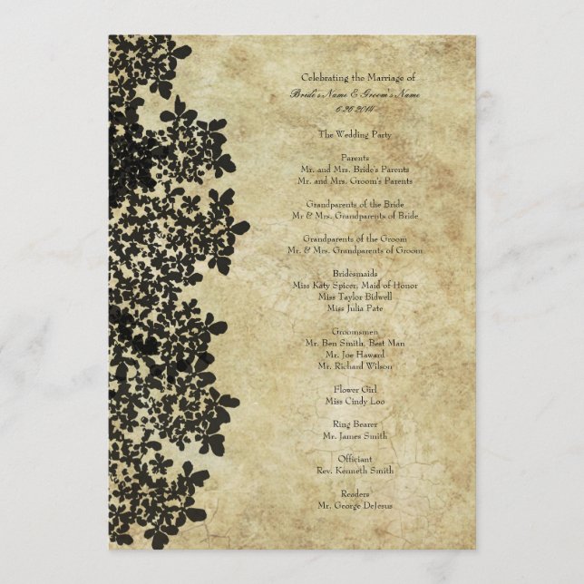 Programa Vintage Black Queen Ann's Lace Wedding Program (Frente)