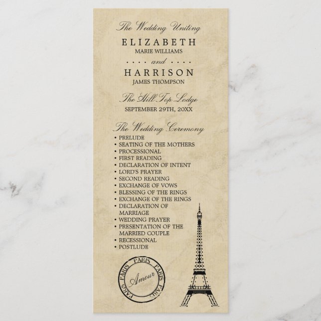 Programa Vintage Eiffel Tower Paris Wedding (Frente)