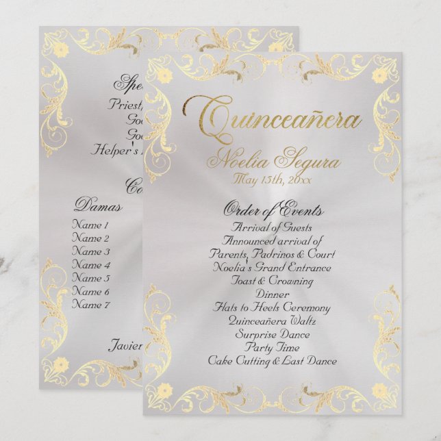 Programa Vintage Frame Quinceanera Program - Pearl/Gold (Frente/Verso)