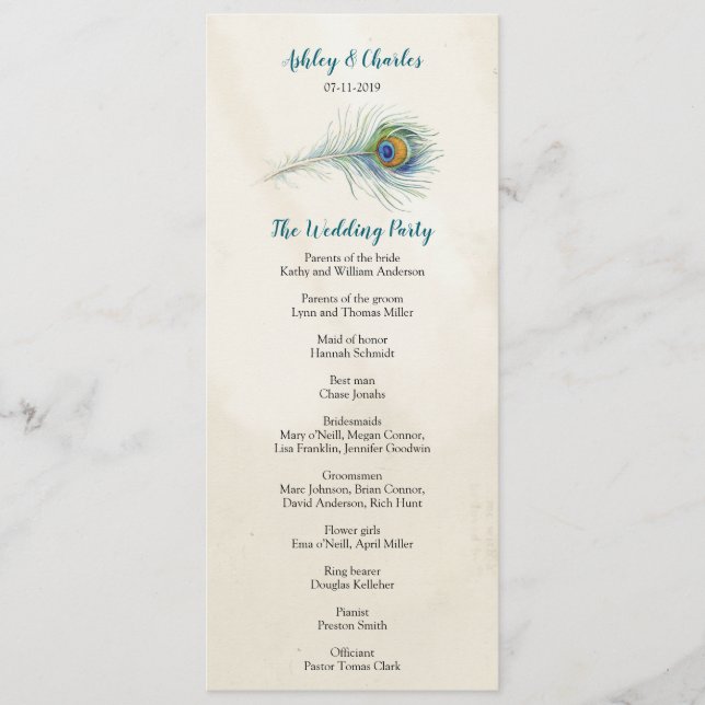 Programa Vintage Peacock Feather Elagant Teal Weding (Frente)